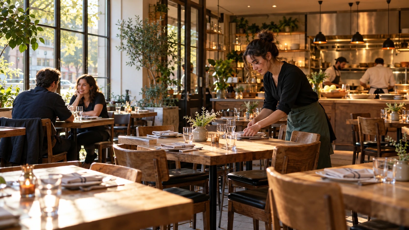 A welcoming independent restaurant dining room with staff preparing for service